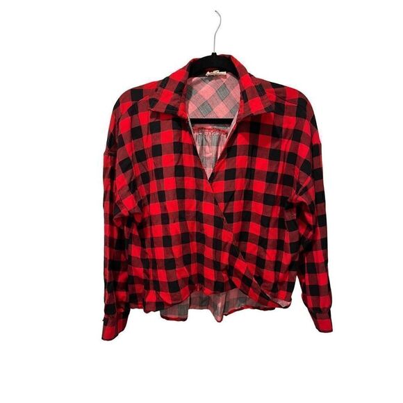 MAINSTRIP Red & black plaid wrap front longsleeve top, women’s size S, EUC - Picture 1 of 3